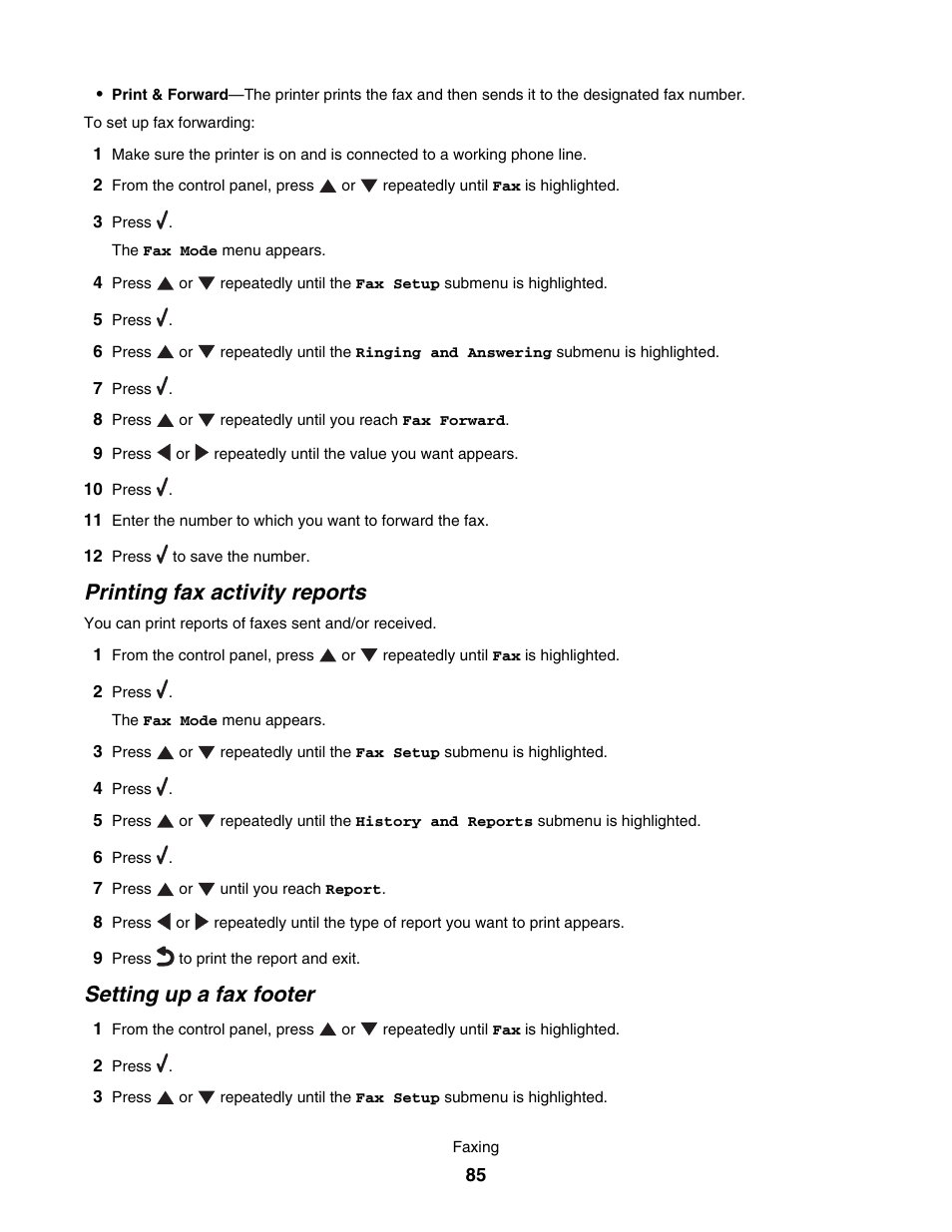 Printing fax activity reports, Setting up a fax footer | Lexmark 7500 Series User Manual | Page 85 / 227