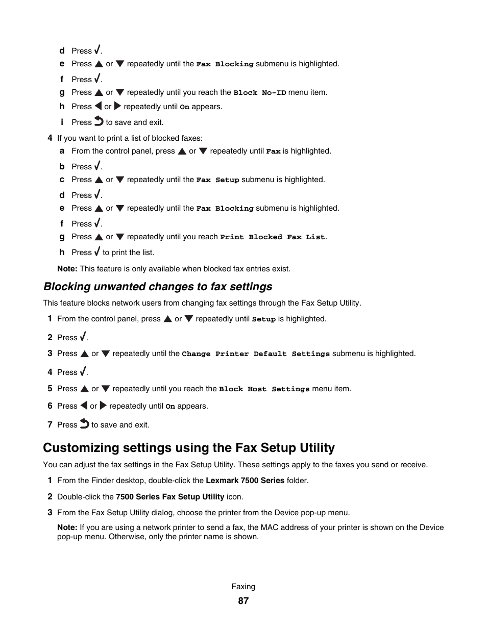 Blocking unwanted changes to fax settings, Customizing settings using the fax setup utility | Lexmark 7500 Series User Manual | Page 87 / 227