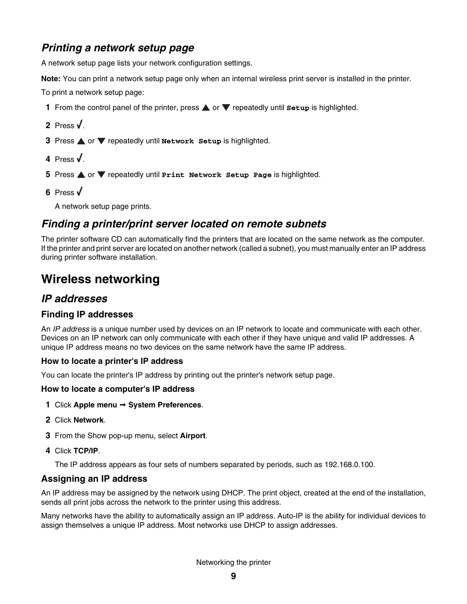 Wireless networking, Ip addresses, Printing a network setup page | Lexmark 7500 Series User Manual | Page 9 / 227