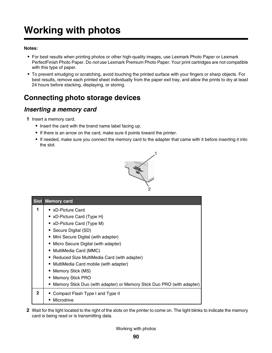Working with photos, Connecting photo storage devices, Inserting a memory card | Lexmark 7500 Series User Manual | Page 90 / 227