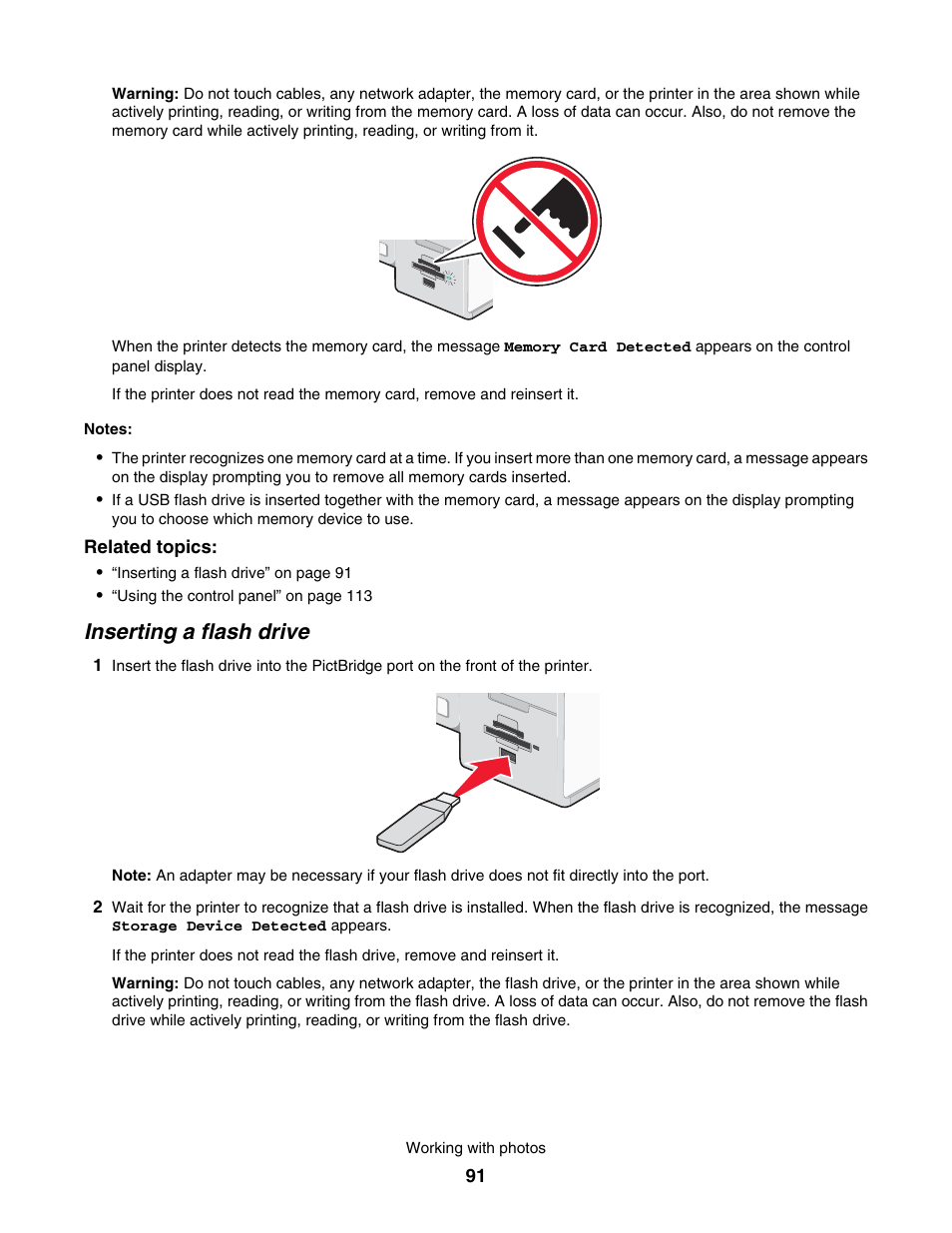 Inserting a flash drive | Lexmark 7500 Series User Manual | Page 91 / 227