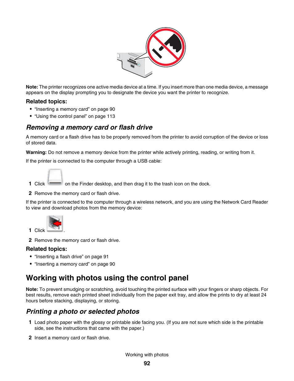 Removing a memory card or flash drive, Working with photos using the control panel, Printing a photo or selected photos | Lexmark 7500 Series User Manual | Page 92 / 227