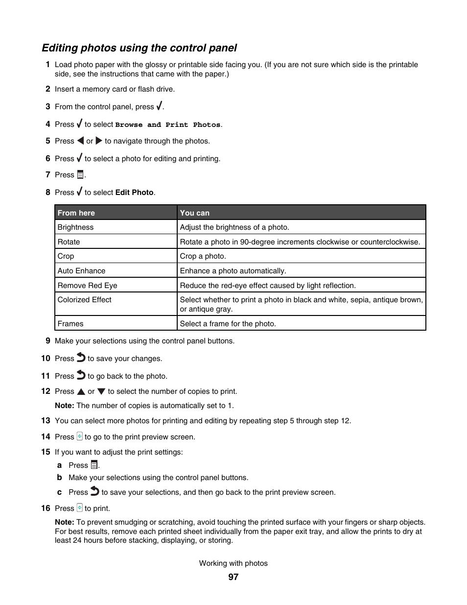 Editing photos using the control panel | Lexmark 7500 Series User Manual | Page 97 / 227