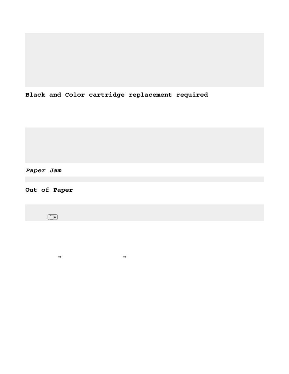 Black and color cartridge replacement required, Paper jam, Out of paper | Removing and reinstalling the software | Lexmark 840 Series User Manual | Page 38 / 44