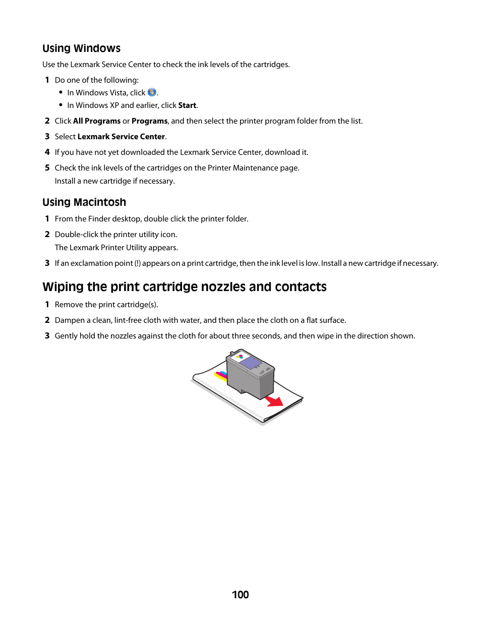 Wiping the print cartridge nozzles and contacts | Lexmark 4600 Series User Manual | Page 100 / 144