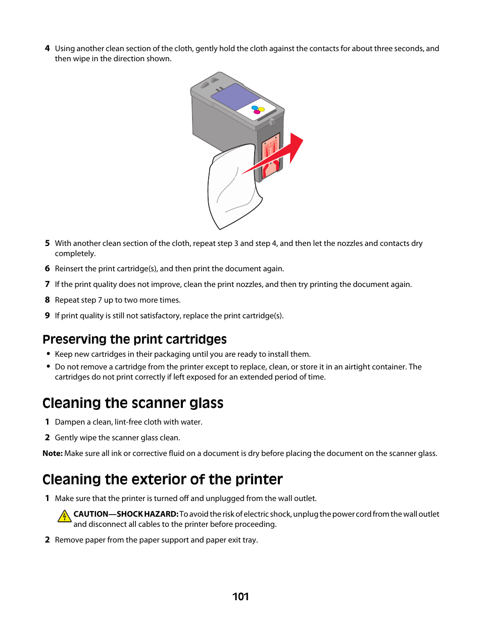 Preserving the print cartridges, Cleaning the scanner glass, Cleaning the exterior of the printer | Lexmark 4600 Series User Manual | Page 101 / 144