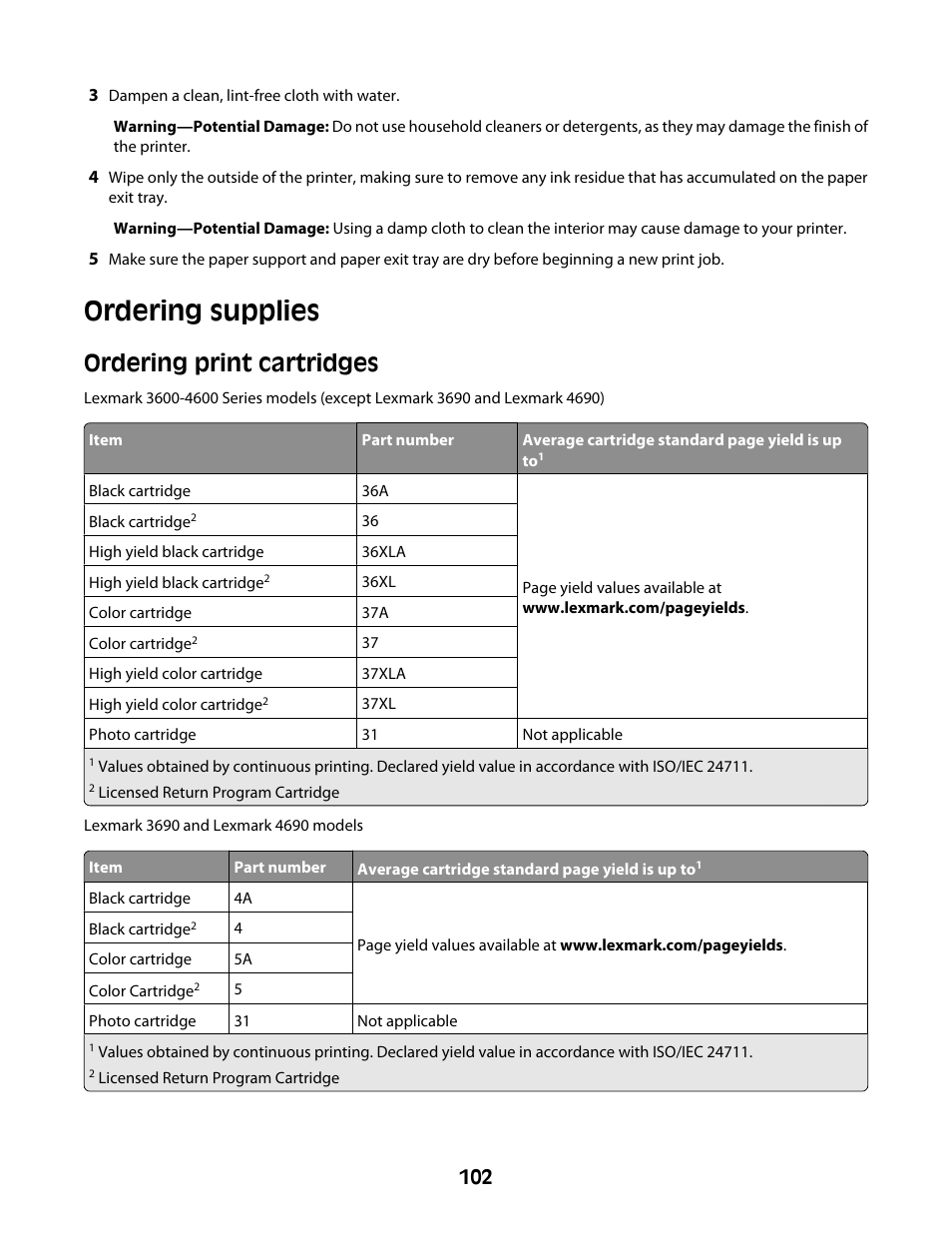 Ordering supplies, Ordering print cartridges | Lexmark 4600 Series User Manual | Page 102 / 144