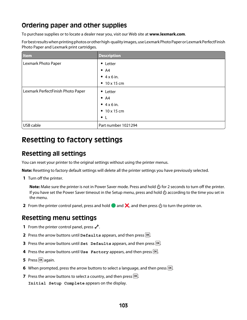 Ordering paper and other supplies, Resetting to factory settings, Resetting all settings | Resetting menu settings | Lexmark 4600 Series User Manual | Page 103 / 144