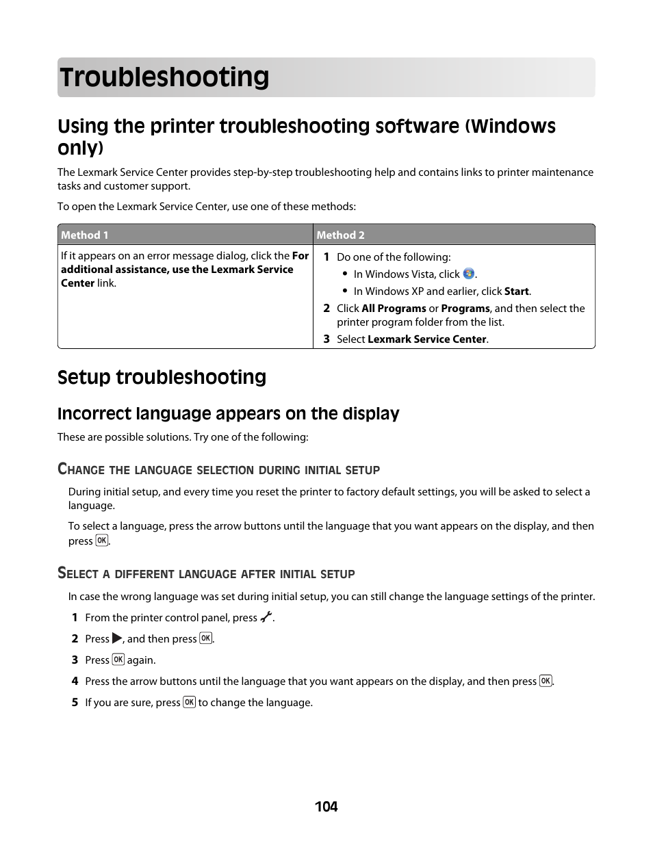 Troubleshooting, Setup troubleshooting, Incorrect language appears on the display | Lexmark 4600 Series User Manual | Page 104 / 144