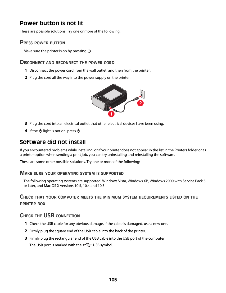 Power button is not lit, Software did not install | Lexmark 4600 Series User Manual | Page 105 / 144