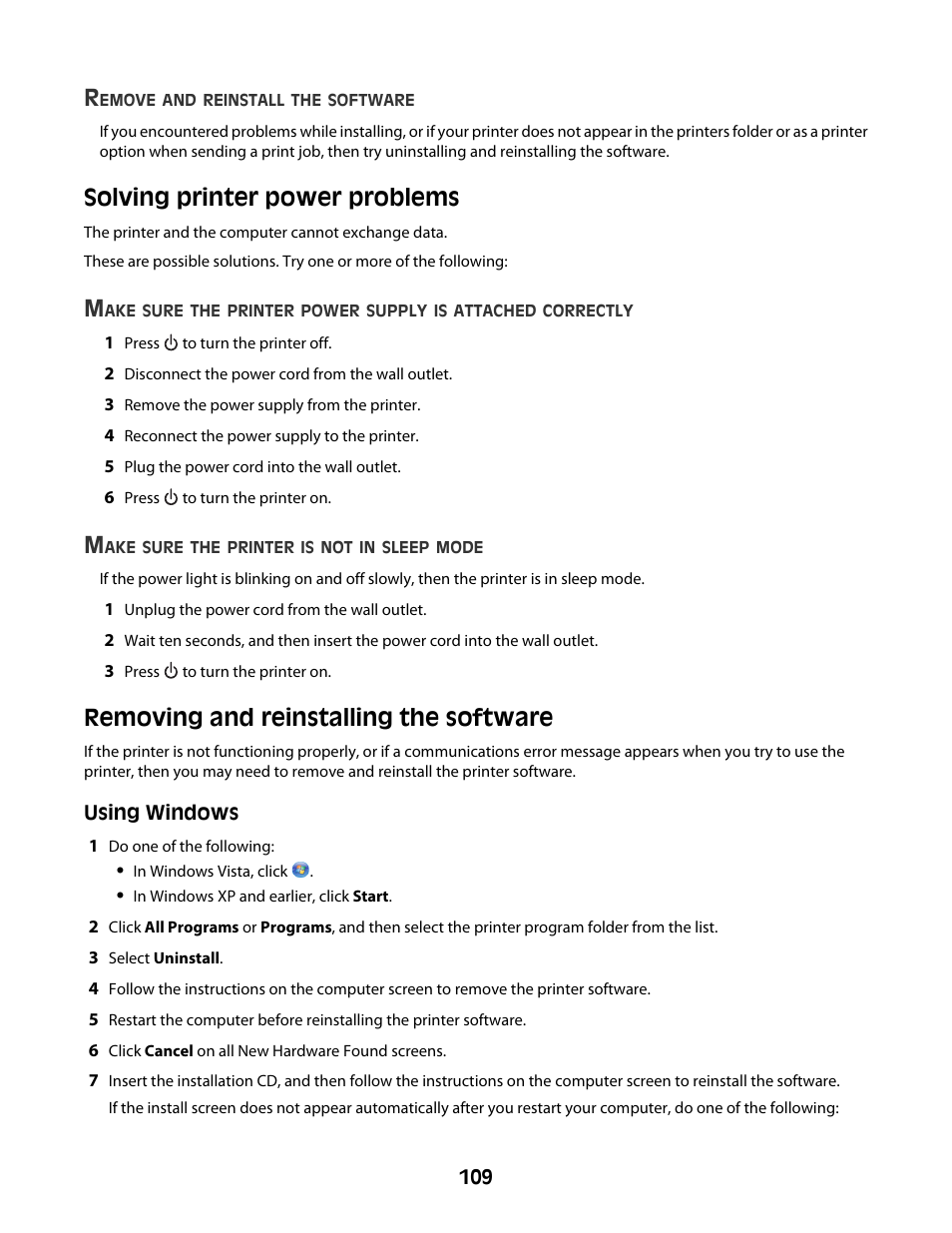 Solving printer power problems, Removing and reinstalling the software | Lexmark 4600 Series User Manual | Page 109 / 144