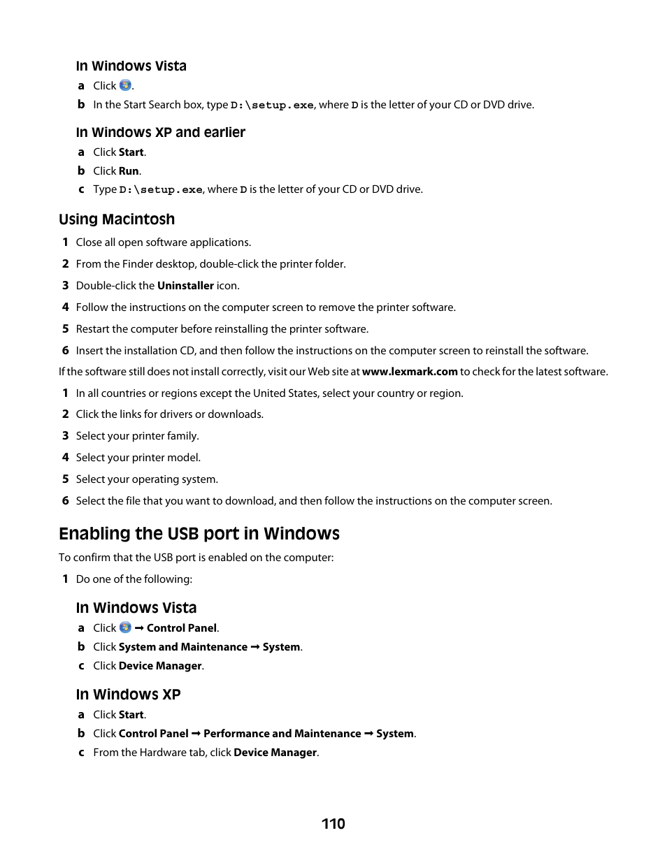 Enabling the usb port in windows | Lexmark 4600 Series User Manual | Page 110 / 144