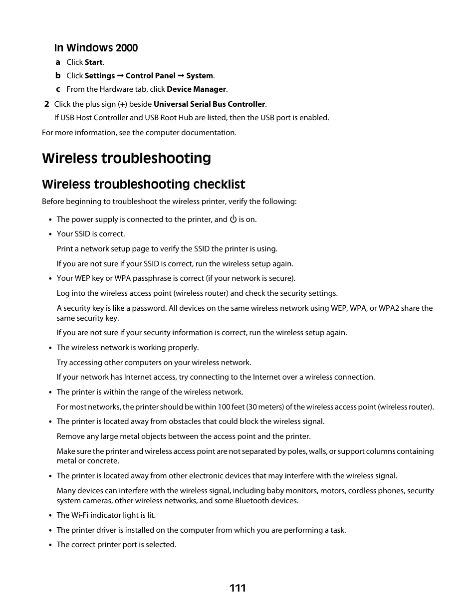 Wireless troubleshooting, Wireless troubleshooting checklist | Lexmark 4600 Series User Manual | Page 111 / 144