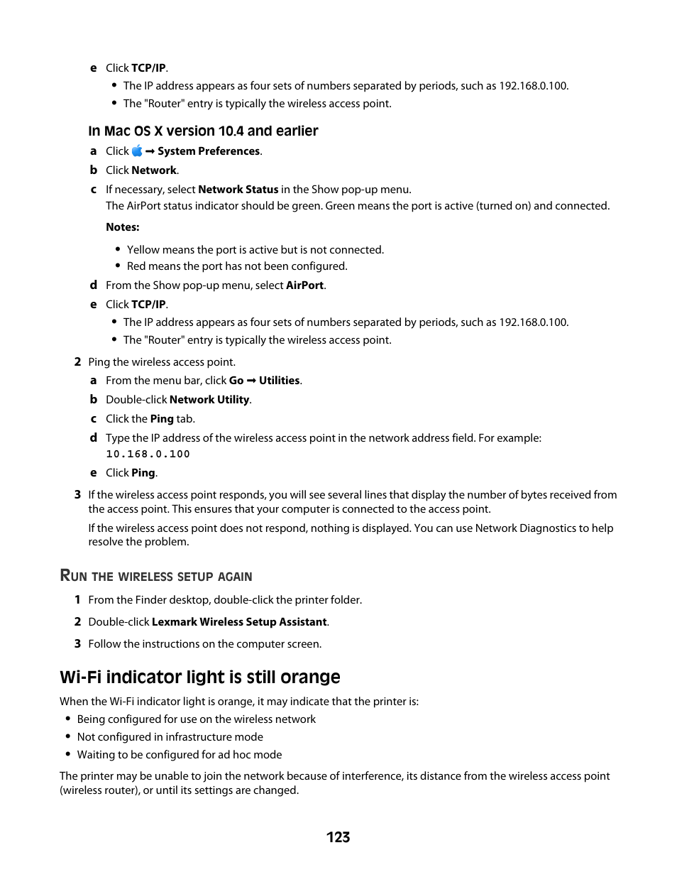 Wi-fi indicator light is still orange | Lexmark 4600 Series User Manual | Page 123 / 144