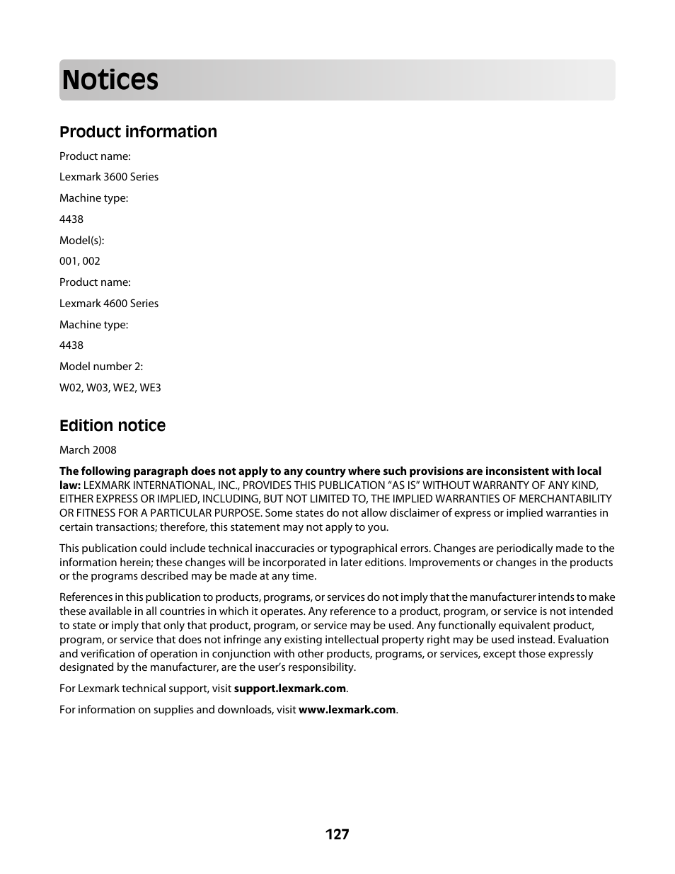 Notices, Product information, Edition notice | Lexmark 4600 Series User Manual | Page 127 / 144