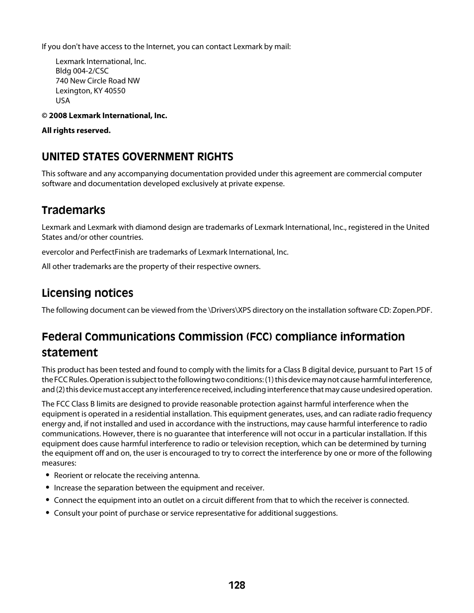 United states government rights, Trademarks, Licensing notices | Lexmark 4600 Series User Manual | Page 128 / 144