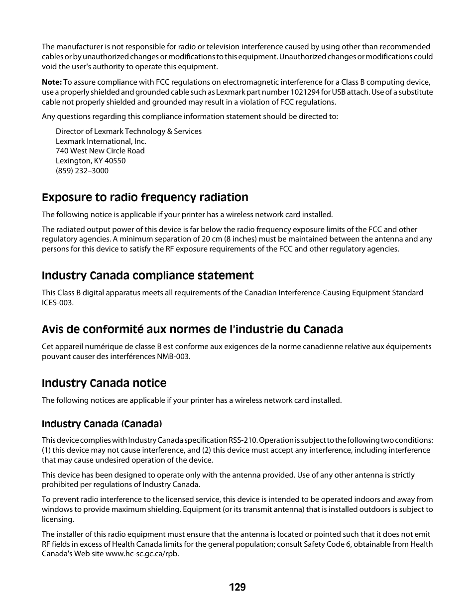 Exposure to radio frequency radiation, Industry canada notice, Industry canada compliance statement | Lexmark 4600 Series User Manual | Page 129 / 144