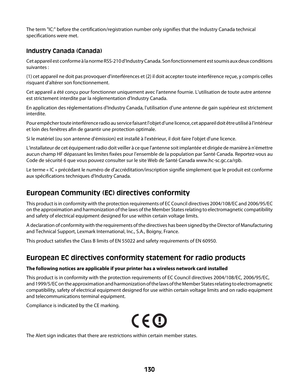 European community (ec) directives conformity | Lexmark 4600 Series User Manual | Page 130 / 144