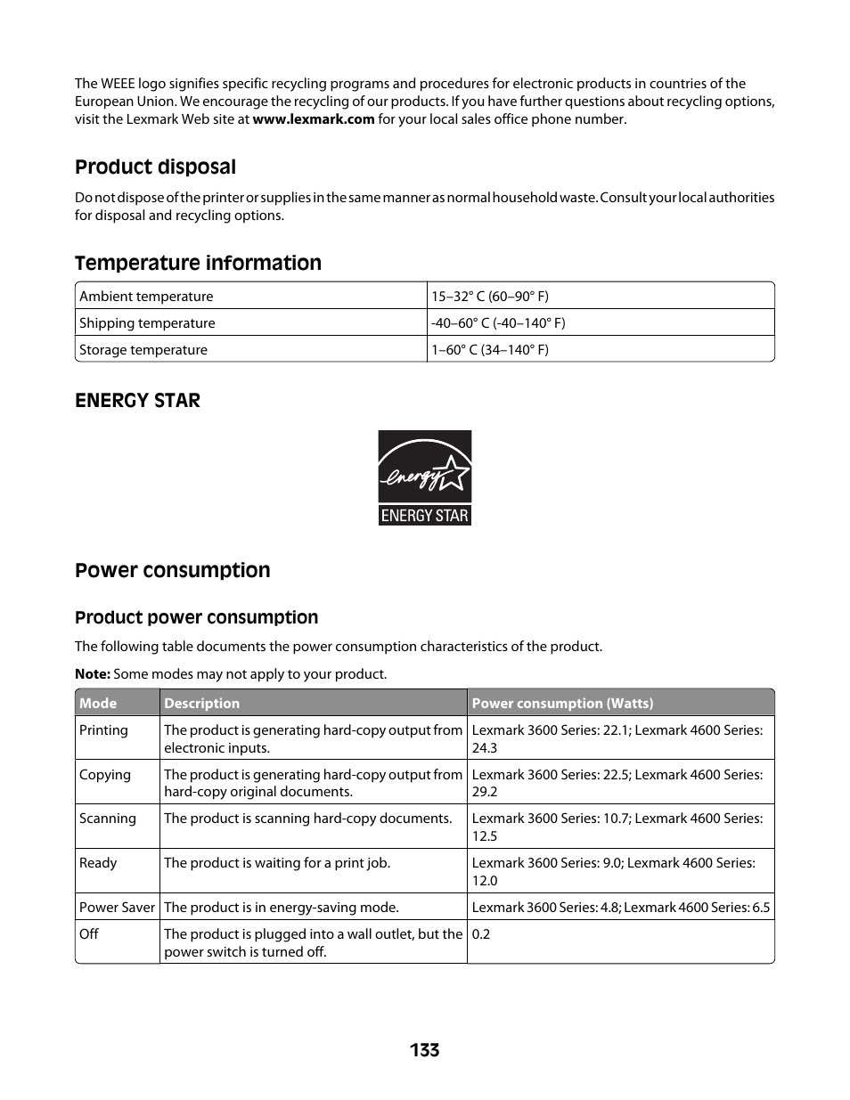 Product disposal, Temperature information, Energy star | Power consumption, Product power consumption, Energy star power consumption | Lexmark 4600 Series User Manual | Page 133 / 144