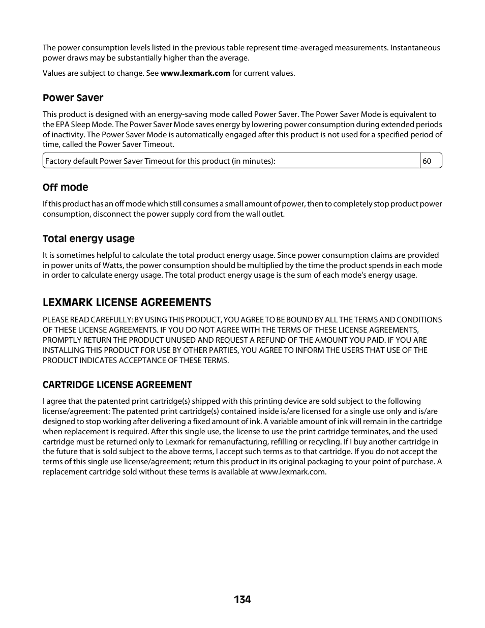 Power saver, Off mode, Total energy usage | Lexmark license agreements | Lexmark 4600 Series User Manual | Page 134 / 144