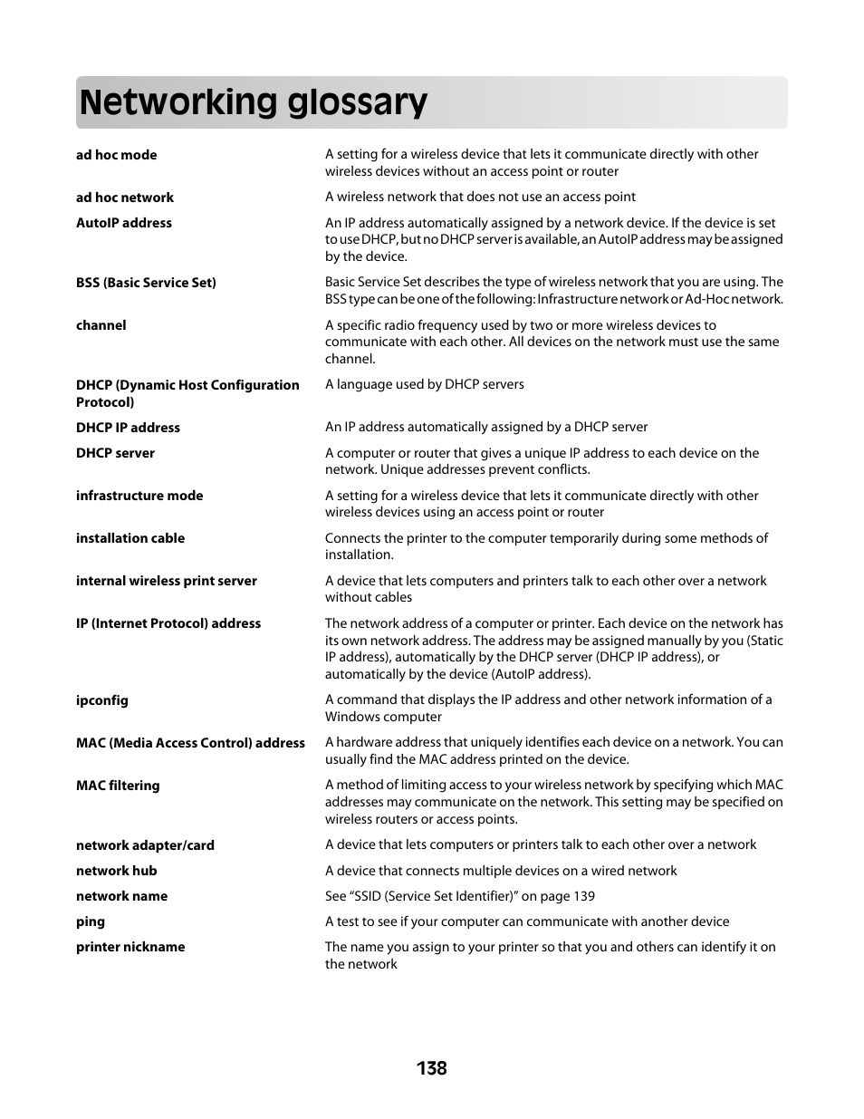 Networking glossary | Lexmark 4600 Series User Manual | Page 138 / 144