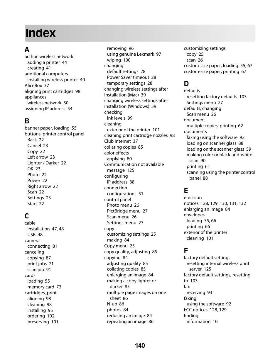 Index | Lexmark 4600 Series User Manual | Page 140 / 144