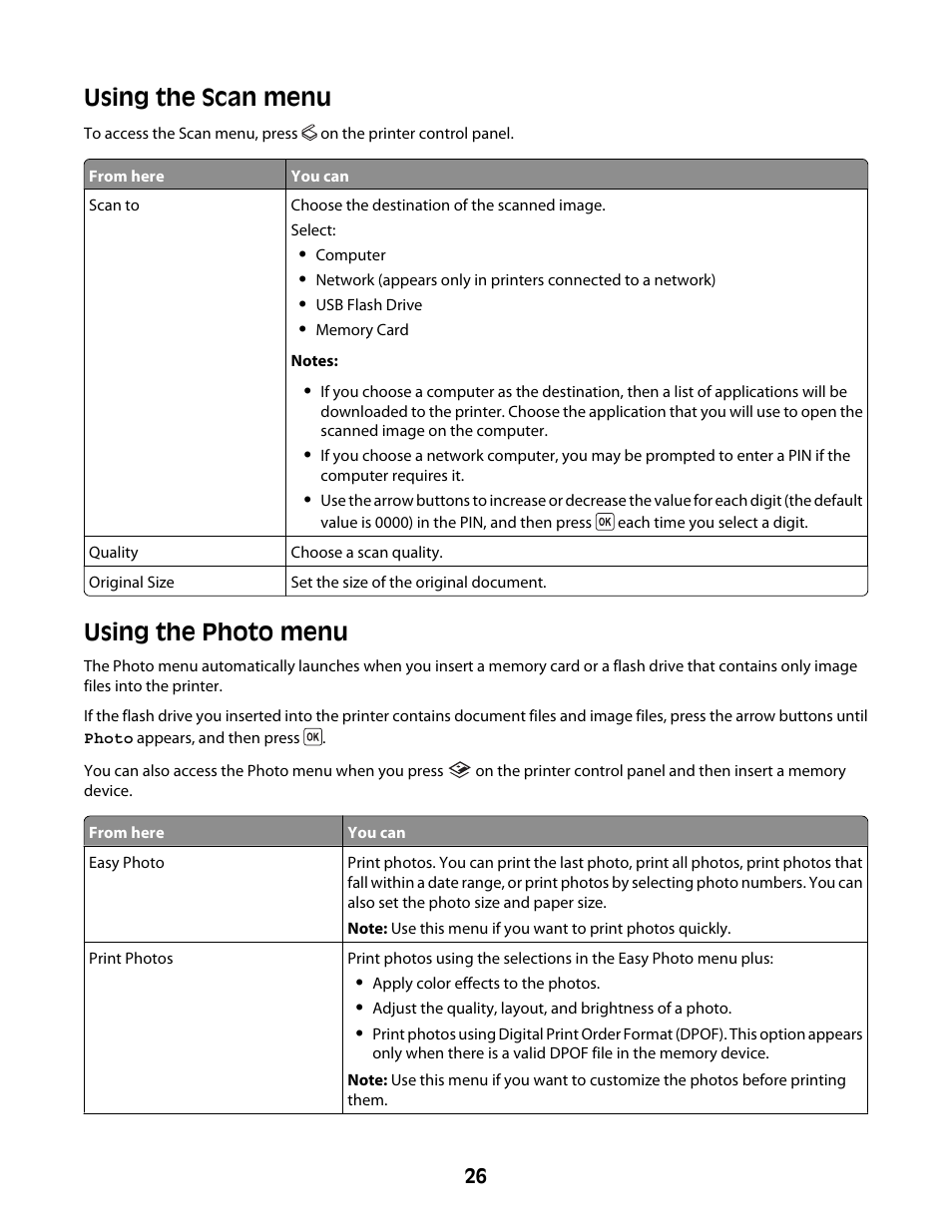 Using the scan menu, Using the photo menu, Using the scan menu using the photo menu | Lexmark 4600 Series User Manual | Page 26 / 144