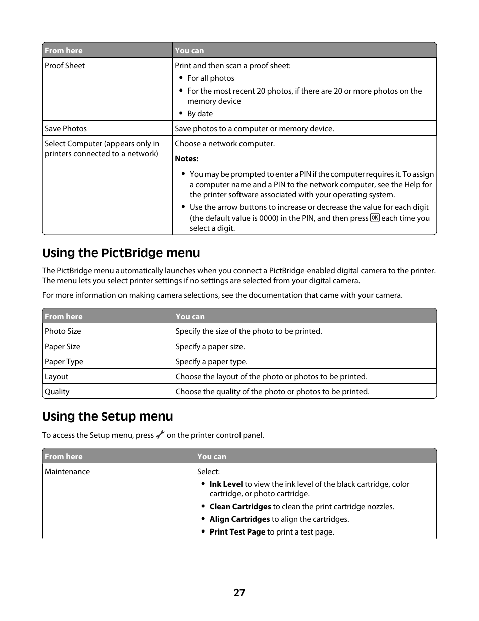 Using the pictbridge menu, Using the setup menu, Using the pictbridge menu using the setup menu | Lexmark 4600 Series User Manual | Page 27 / 144