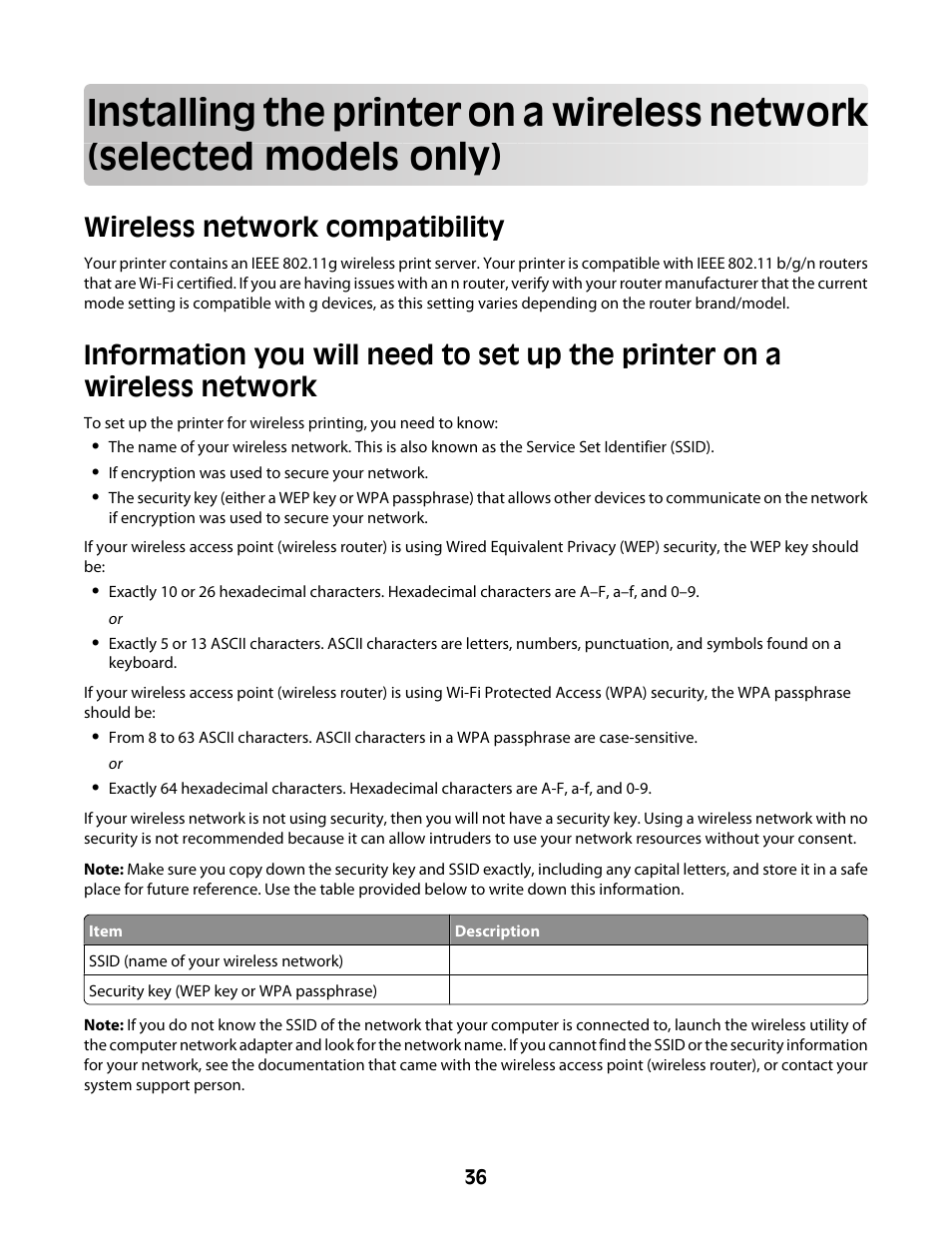 Wireless network compatibility, Models only) | Lexmark 4600 Series User Manual | Page 36 / 144