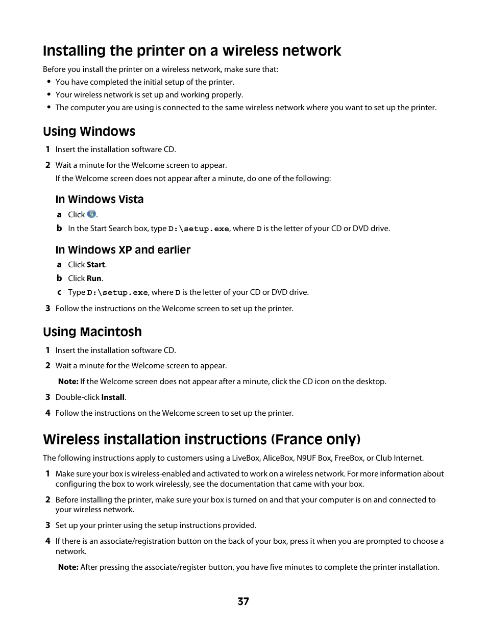 Installing the printer on a wireless network, Wireless installation instructions (france only), Using windows | Using macintosh | Lexmark 4600 Series User Manual | Page 37 / 144