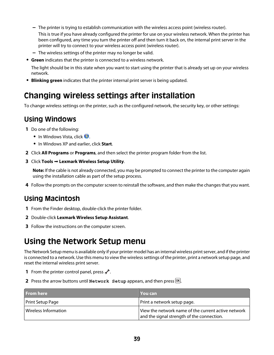 Changing wireless settings after installation, Using the network setup menu, Using windows | Using macintosh | Lexmark 4600 Series User Manual | Page 39 / 144