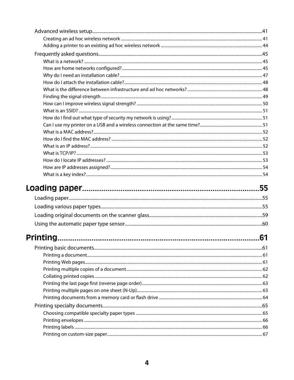 Loading paper, Printing | Lexmark 4600 Series User Manual | Page 4 / 144
