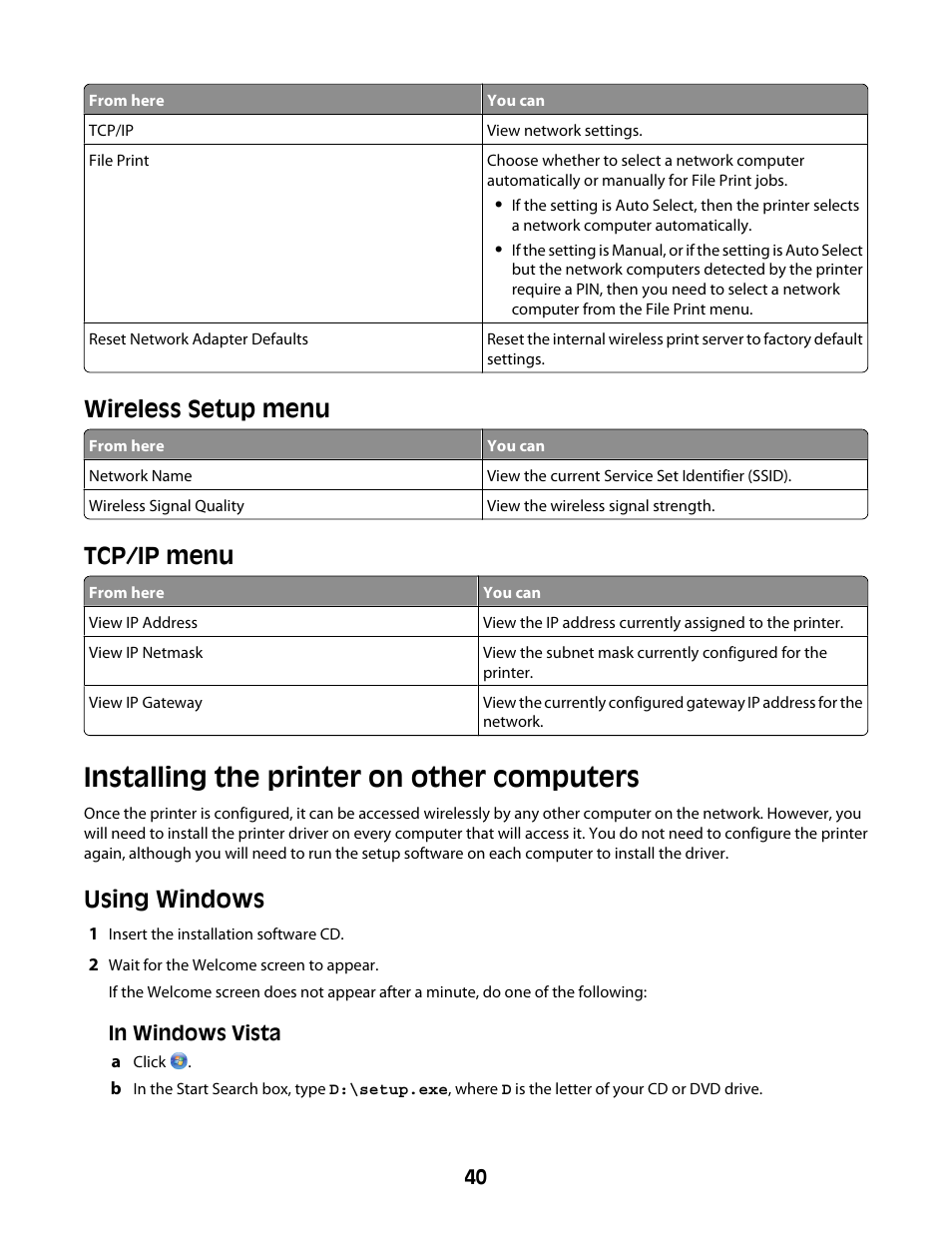 Installing the printer on other computers, Wireless setup menu, Tcp/ip menu | Using windows | Lexmark 4600 Series User Manual | Page 40 / 144