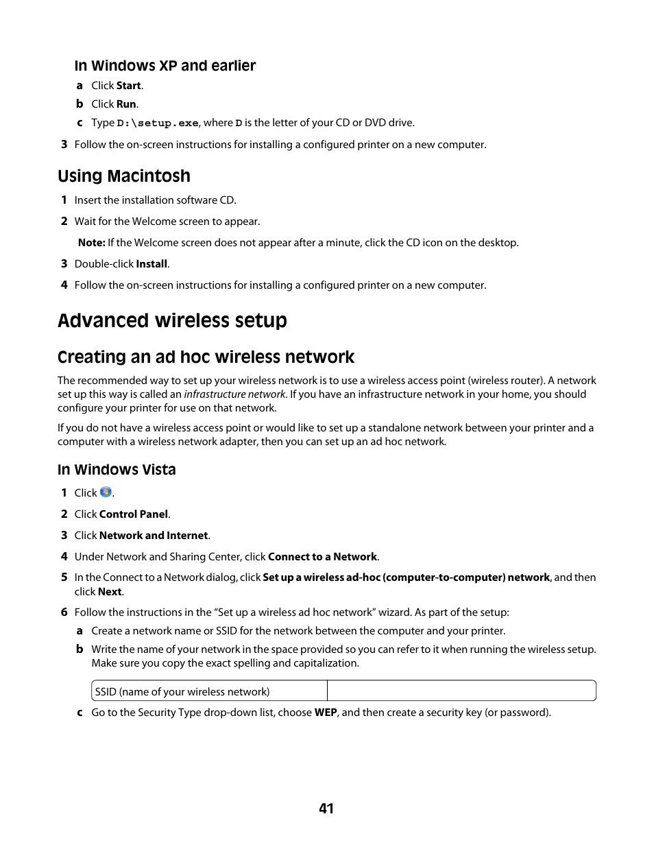 Advanced wireless setup, Creating an ad hoc wireless network, Using macintosh | Lexmark 4600 Series User Manual | Page 41 / 144