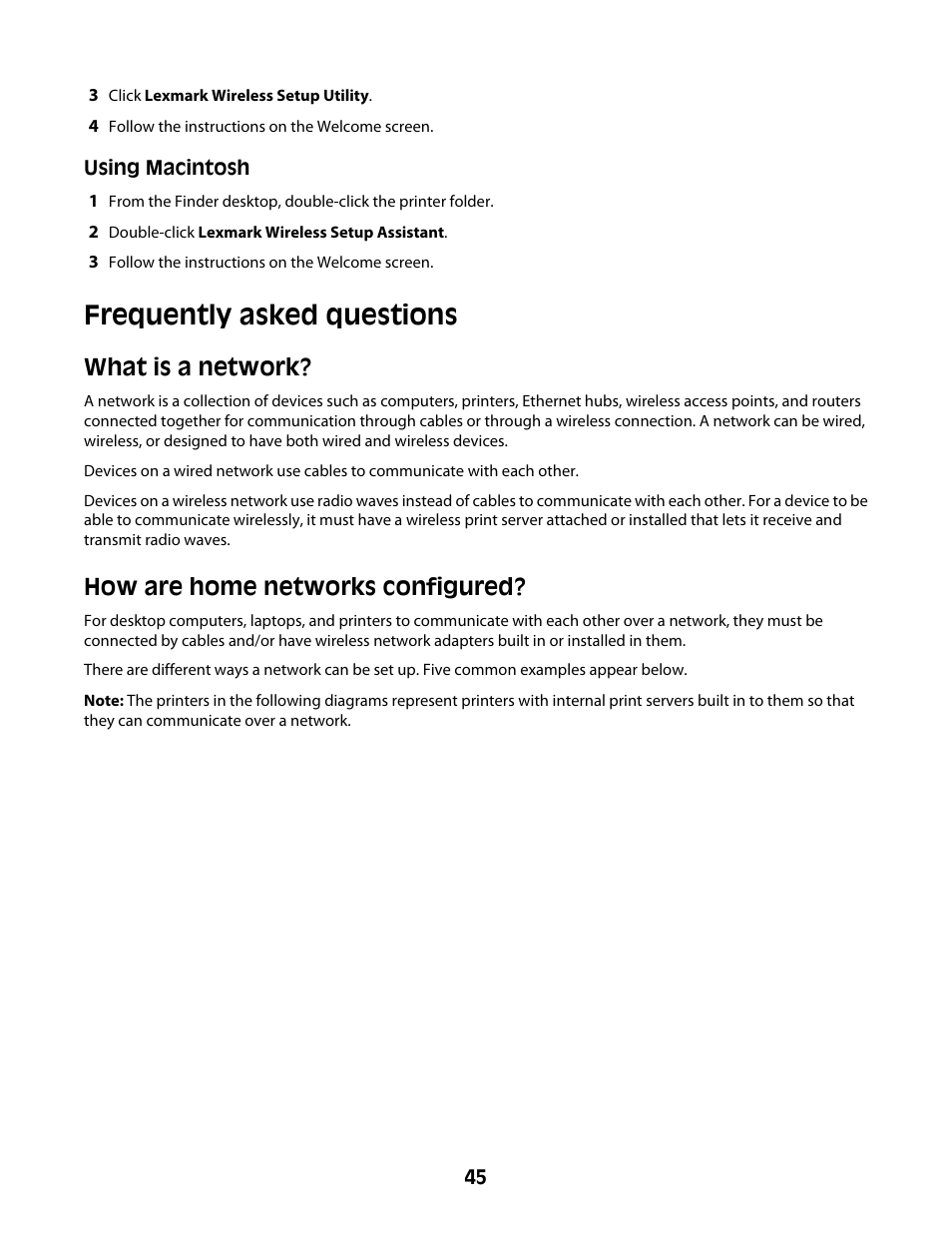 Frequently asked questions, What is a network, How are home networks configured | Lexmark 4600 Series User Manual | Page 45 / 144