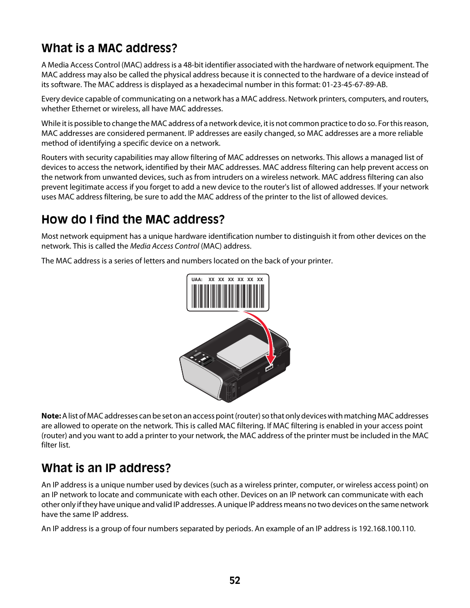 What is a mac address, How do i find the mac address, What is an ip address | Lexmark 4600 Series User Manual | Page 52 / 144