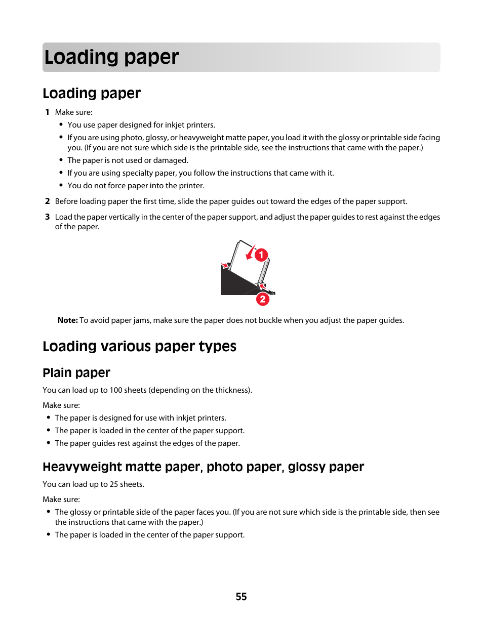 Loading paper, Loading various paper types, Plain paper | Heavyweight matte paper, photo paper, glossy paper | Lexmark 4600 Series User Manual | Page 55 / 144