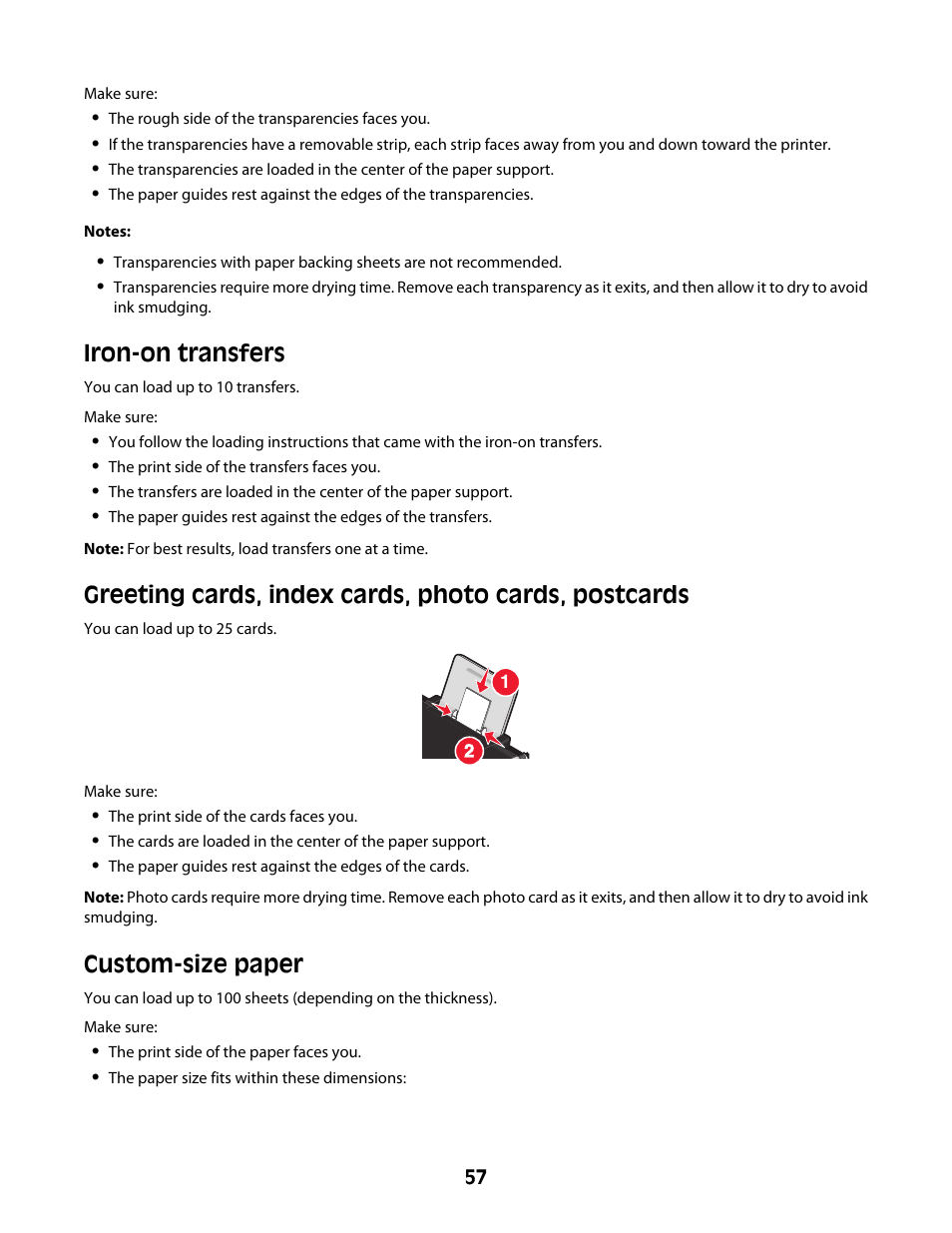 Iron-on transfers, Custom-size paper | Lexmark 4600 Series User Manual | Page 57 / 144