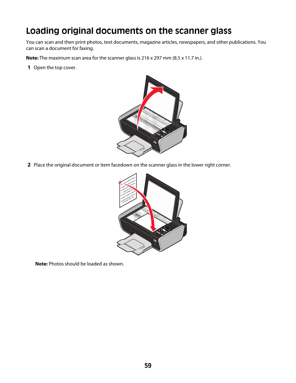 Loading original documents on the scanner glass | Lexmark 4600 Series User Manual | Page 59 / 144