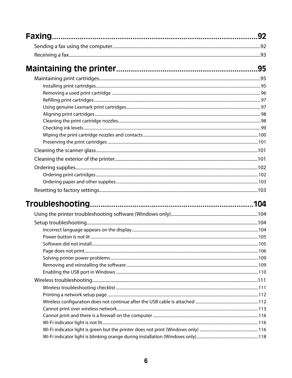 Faxing, Maintaining the printer, Troubleshooting | Lexmark 4600 Series User Manual | Page 6 / 144