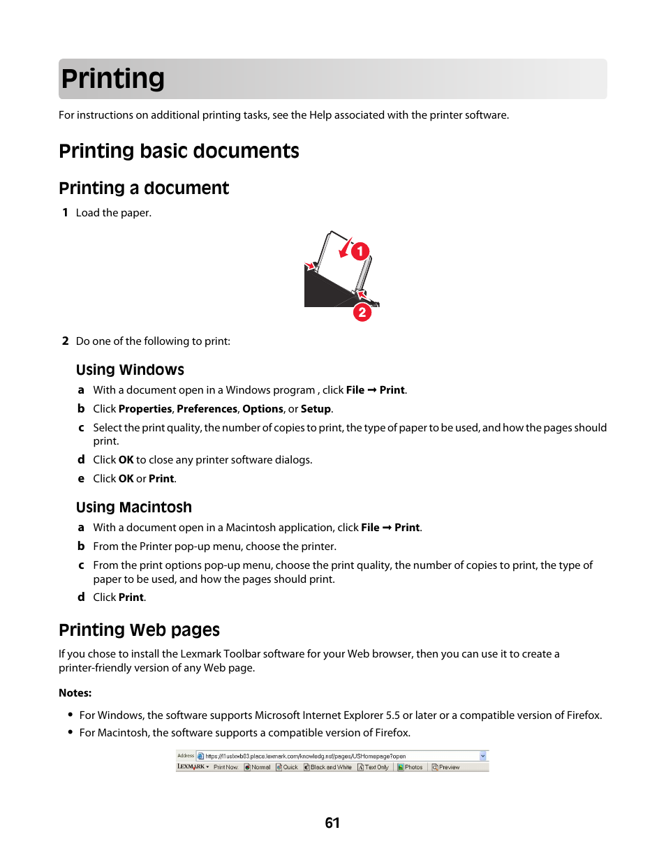 Printing, Printing basic documents, Printing a document | Printing web pages | Lexmark 4600 Series User Manual | Page 61 / 144