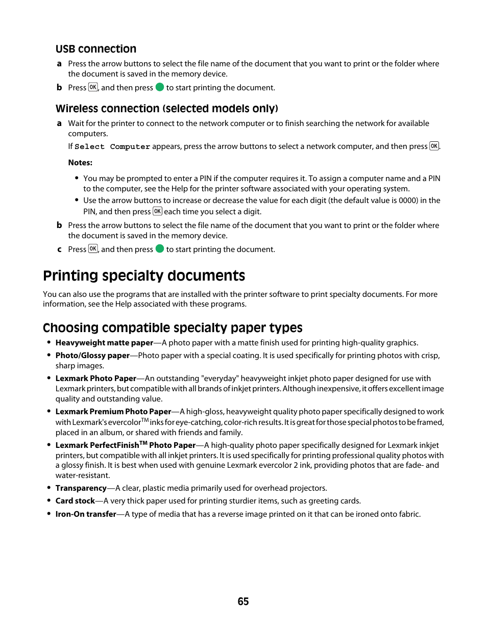 Printing specialty documents, Choosing compatible specialty paper types | Lexmark 4600 Series User Manual | Page 65 / 144