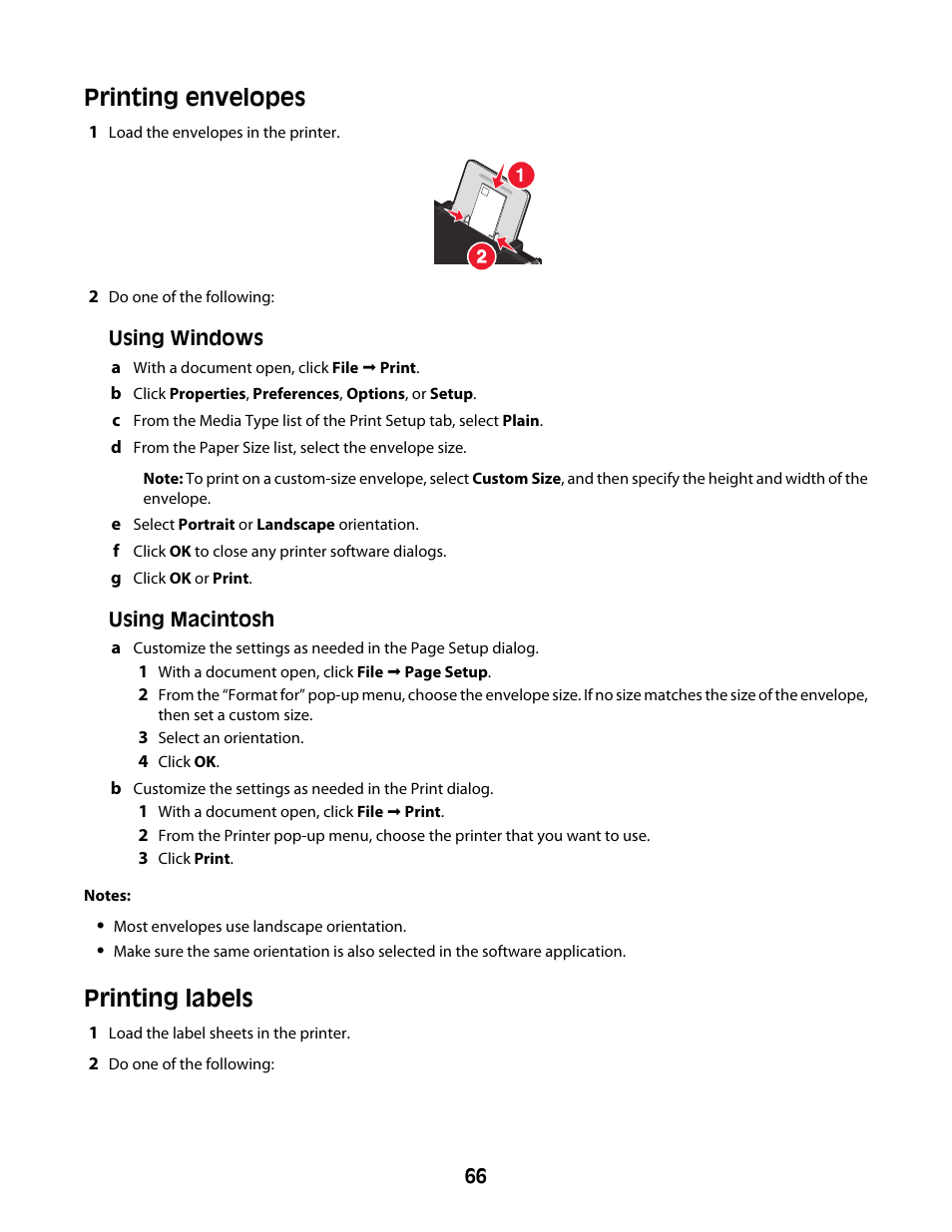 Printing envelopes, Printing labels, Printing envelopes printing labels | Lexmark 4600 Series User Manual | Page 66 / 144