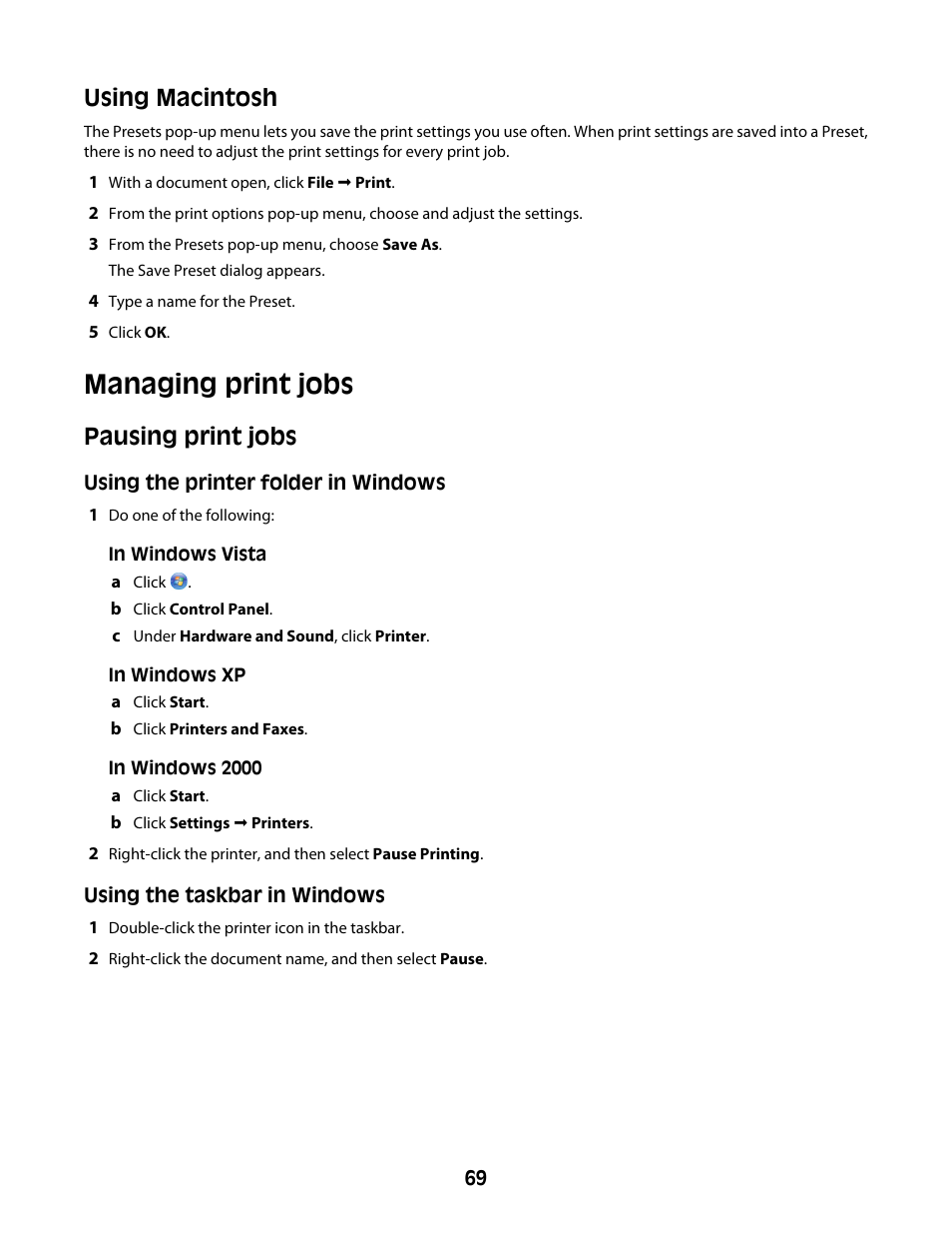 Managing print jobs, Pausing print jobs, Using macintosh | Lexmark 4600 Series User Manual | Page 69 / 144