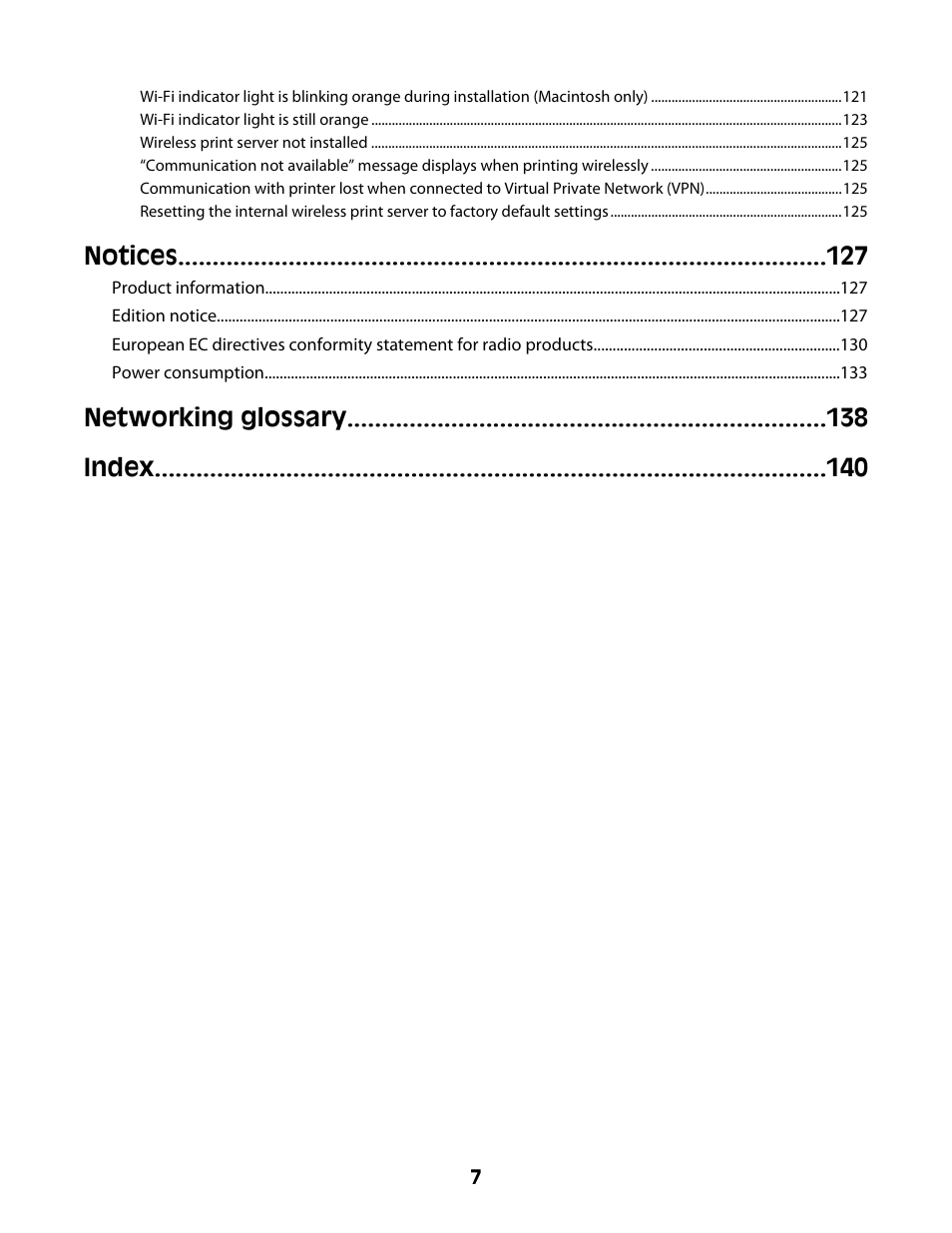 Notices, Networking glossary index | Lexmark 4600 Series User Manual | Page 7 / 144