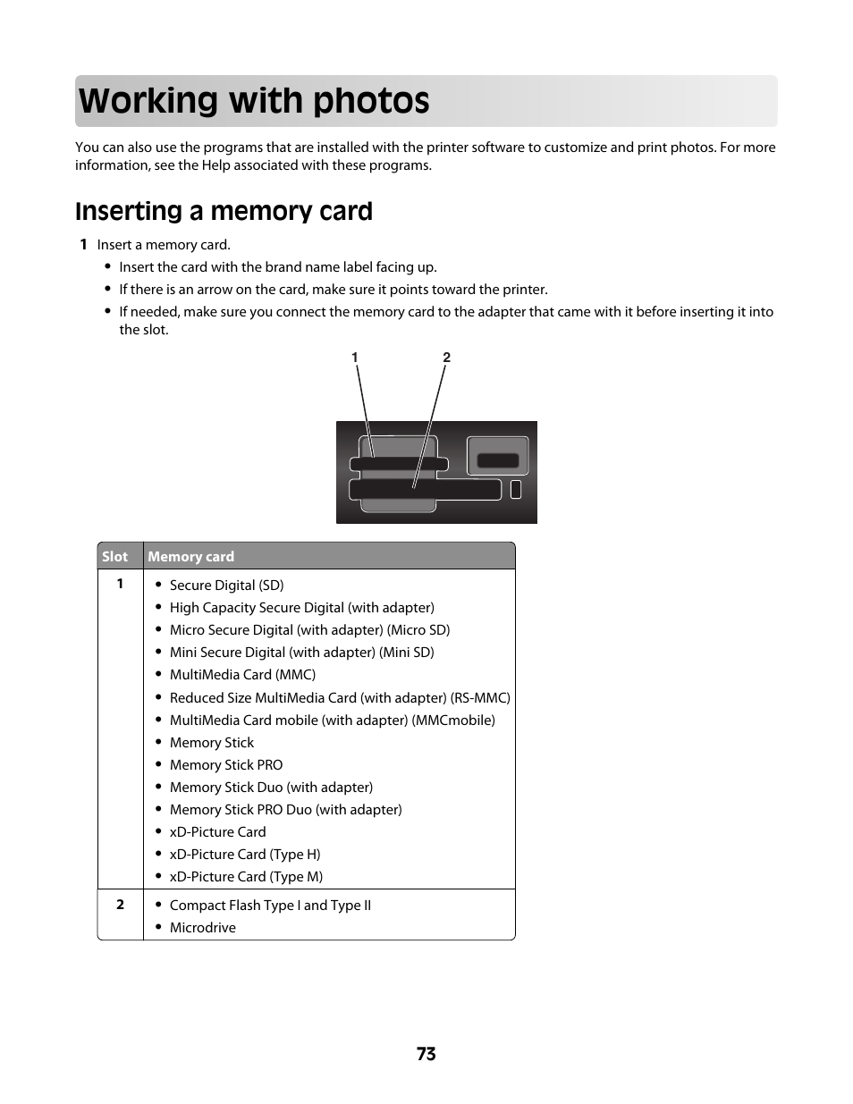 Working with photos, Inserting a memory card | Lexmark 4600 Series User Manual | Page 73 / 144