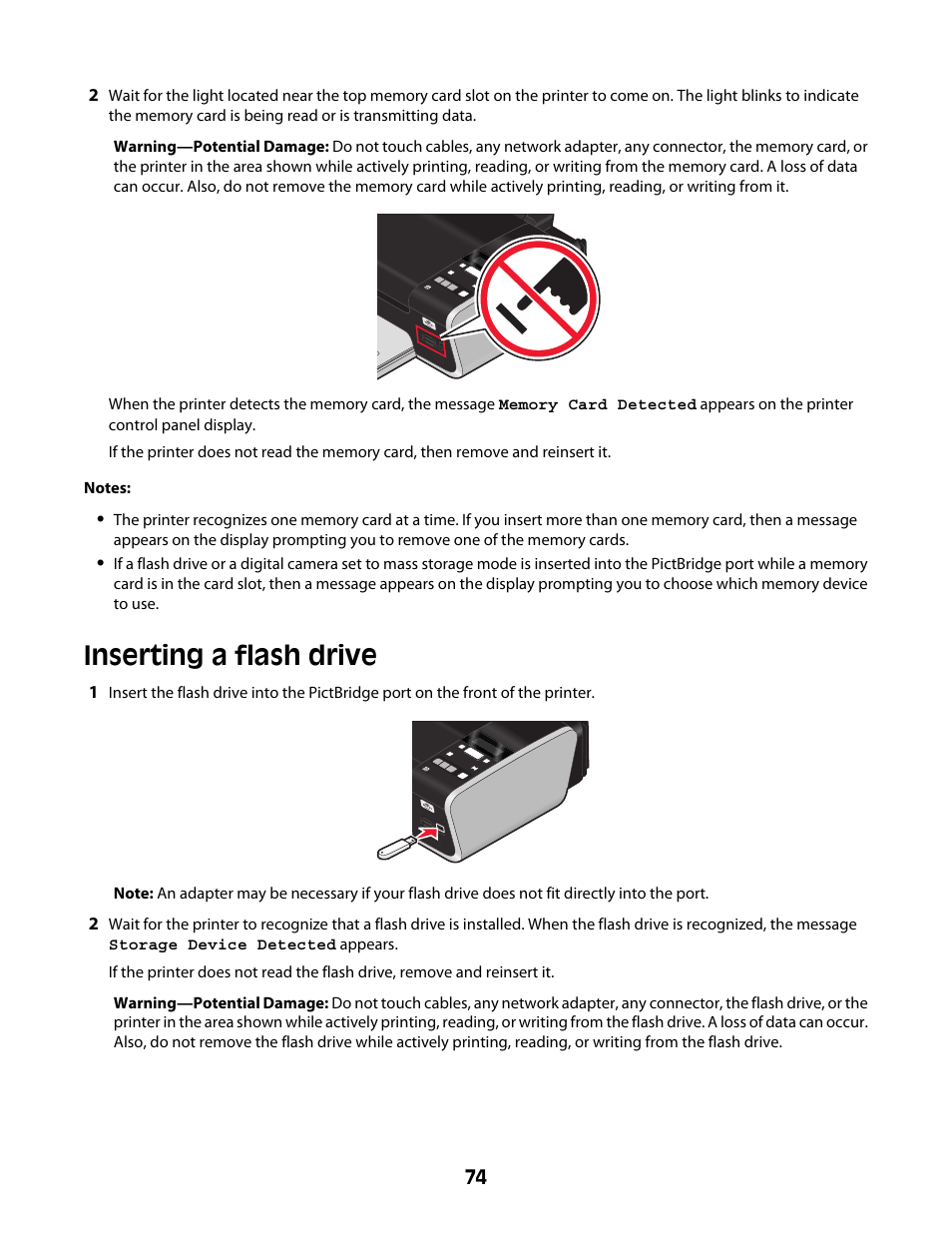 Inserting a flash drive | Lexmark 4600 Series User Manual | Page 74 / 144