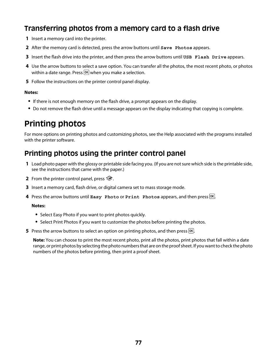 Printing photos, Printing photos using the printer control panel | Lexmark 4600 Series User Manual | Page 77 / 144