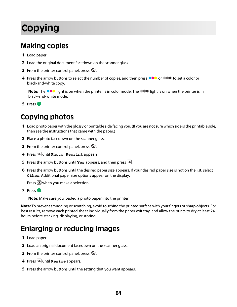 Copying, Making copies, Copying photos | Enlarging or reducing images | Lexmark 4600 Series User Manual | Page 84 / 144