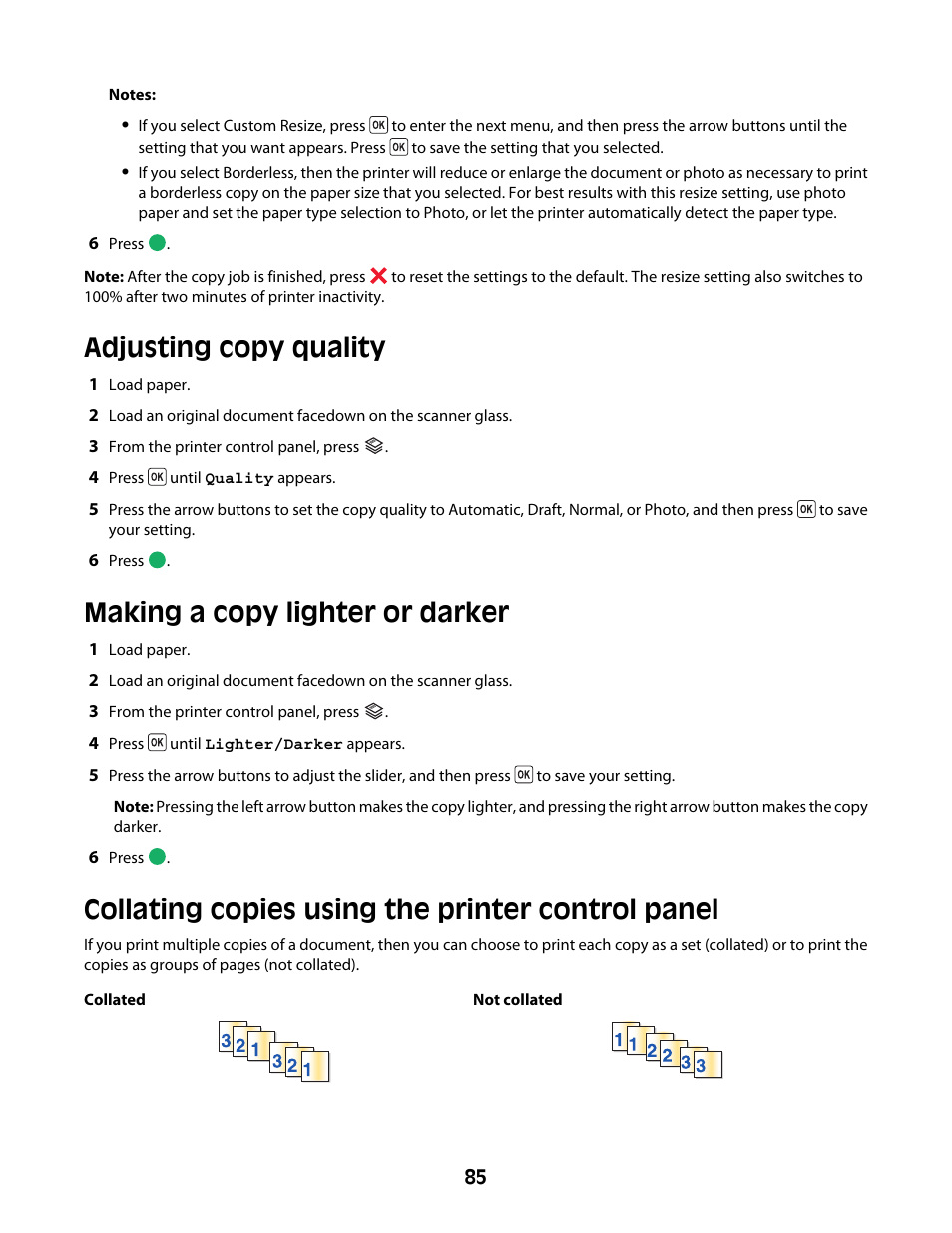 Adjusting copy quality, Making a copy lighter or darker, Collating copies using the printer control panel | Lexmark 4600 Series User Manual | Page 85 / 144